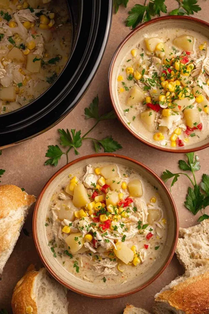 A brown bowl filled with creamy crockpot chicken corn chowder served with crusty bread and a spoon