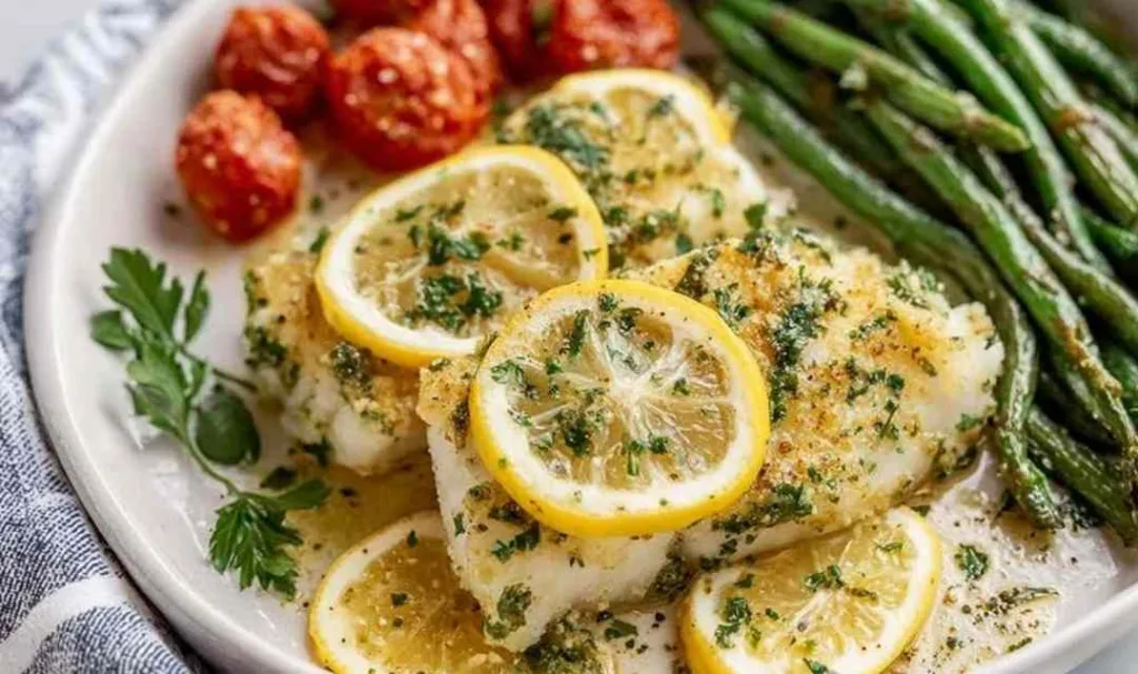 Garlic butter baked cod filets on a white plate with lemon wedges and fresh parsley