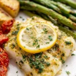 Garlic butter baked cod filets on a white plate with lemon wedges and fresh parsley