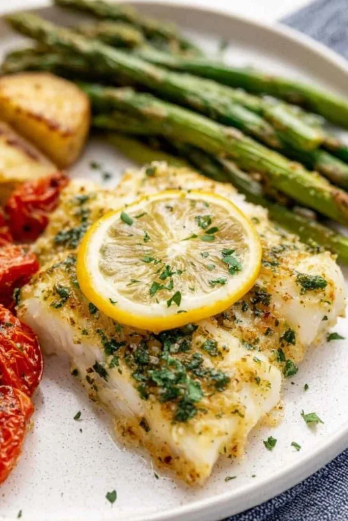 Garlic butter baked cod filets on a white plate with lemon wedges and fresh parsley