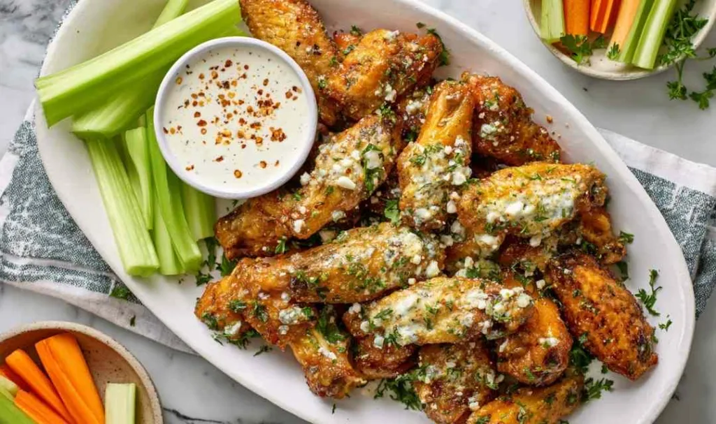 Crispy garlic parmesan chicken wings on a white platter with ranch dipping sauce and fresh parsley garnish