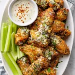 Crispy garlic parmesan chicken wings on a white platter with ranch dipping sauce and fresh parsley garnish