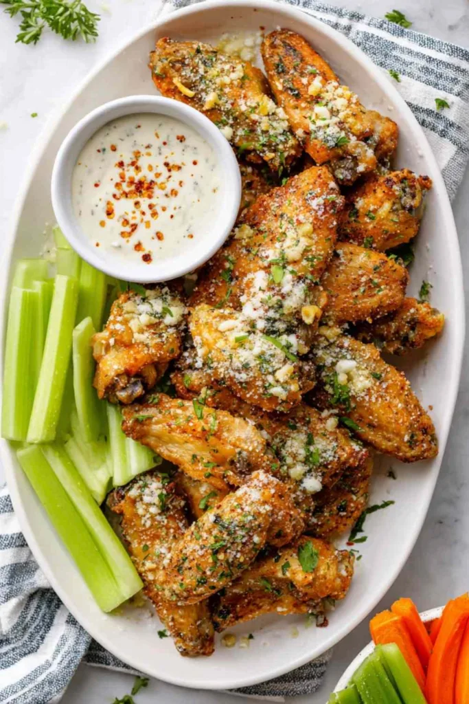 Crispy garlic parmesan chicken wings on a white platter with ranch dipping sauce and fresh parsley garnish