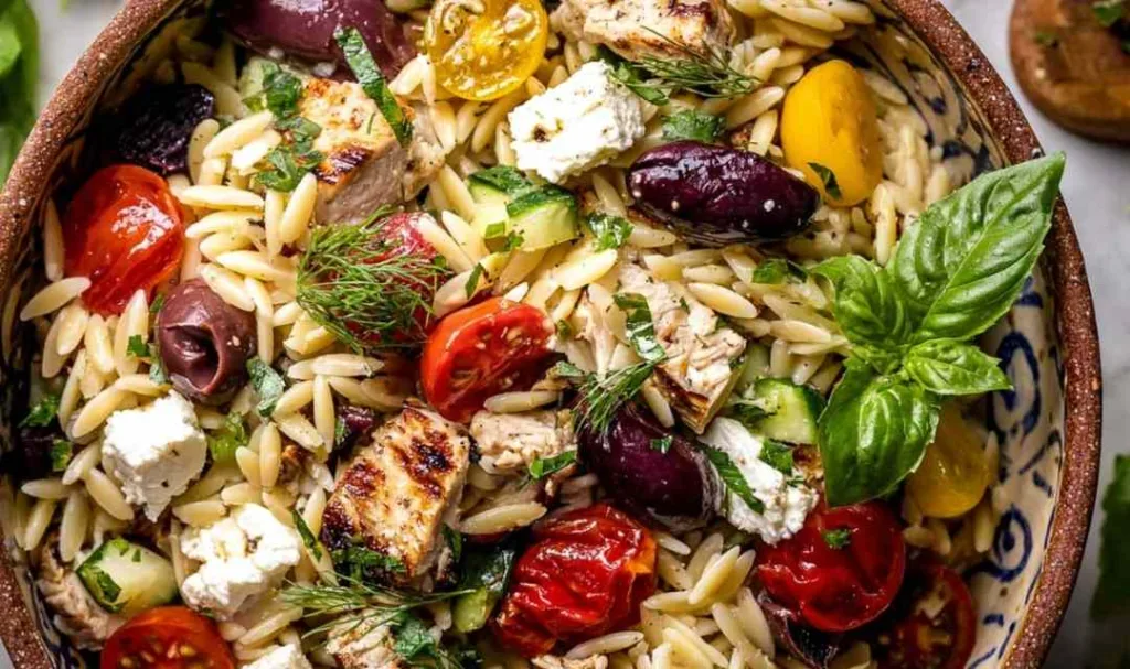 Greek Chicken Orzo Salad with grilled pesto chicken, feta, cherry tomatoes, and kalamata olives in a large serving bowl