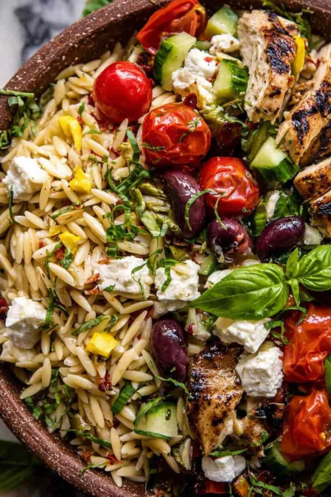Greek Chicken Orzo Salad with grilled pesto chicken, feta, cherry tomatoes, and kalamata olives in a large serving bowl