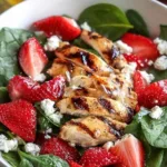 Grilled chicken salad with strawberries and spinach topped with goat cheese and golden balsamic dressing