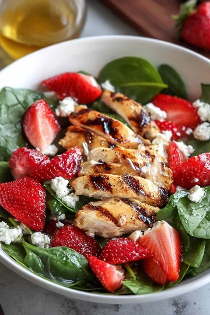 Grilled chicken salad with strawberries and spinach topped with goat cheese and golden balsamic dressing