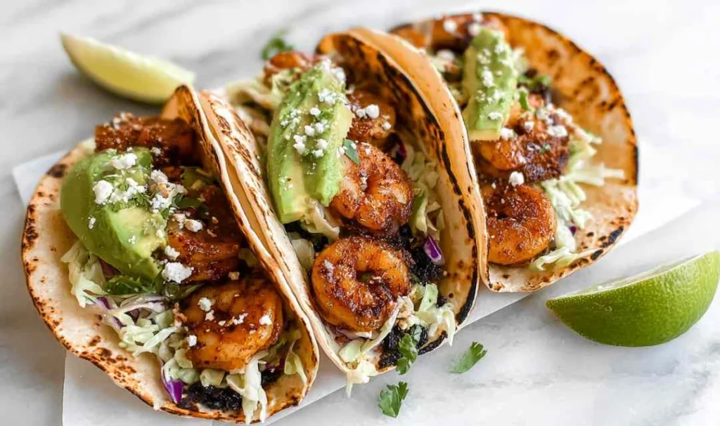 Four grilled shrimp tacos with avocado lime slaw and sliced avocado on a parchment-lined cutting board