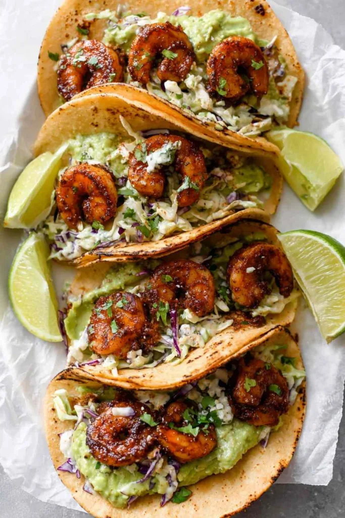Four grilled shrimp tacos with avocado lime slaw and sliced avocado on a parchment-lined cutting board