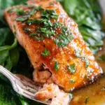 Honey garlic salmon baked in foil with shiny soy and garlic glaze on three skin-on fillets in a baking dish