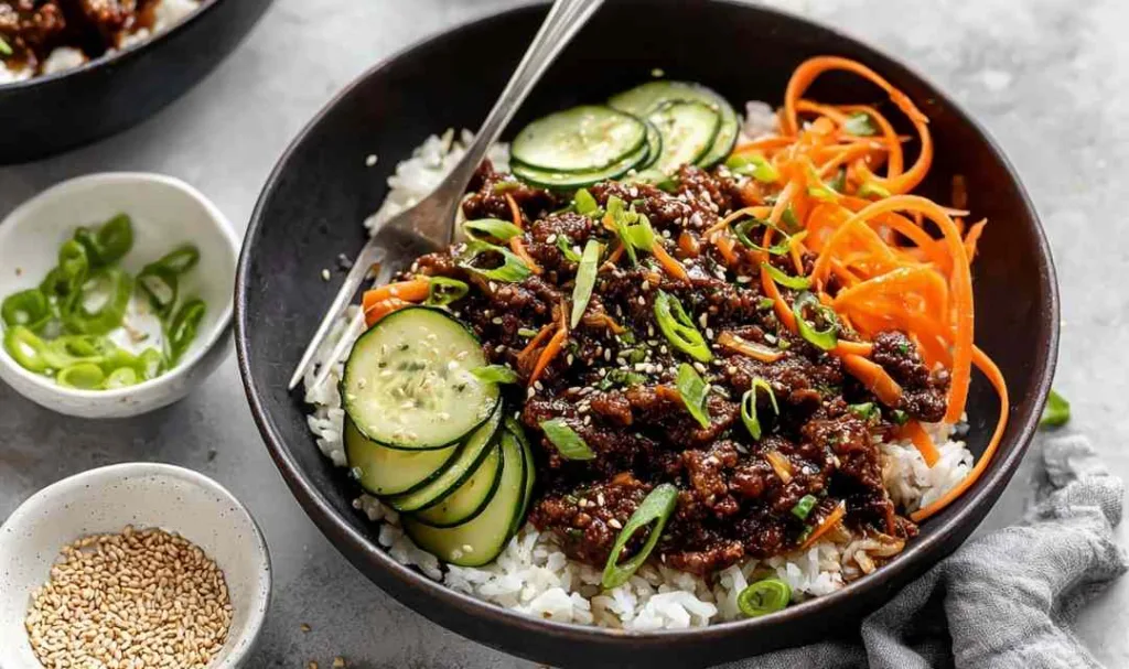 Korean ground beef rice bowl topped with cucumber salad and sliced green onions in a white bowl