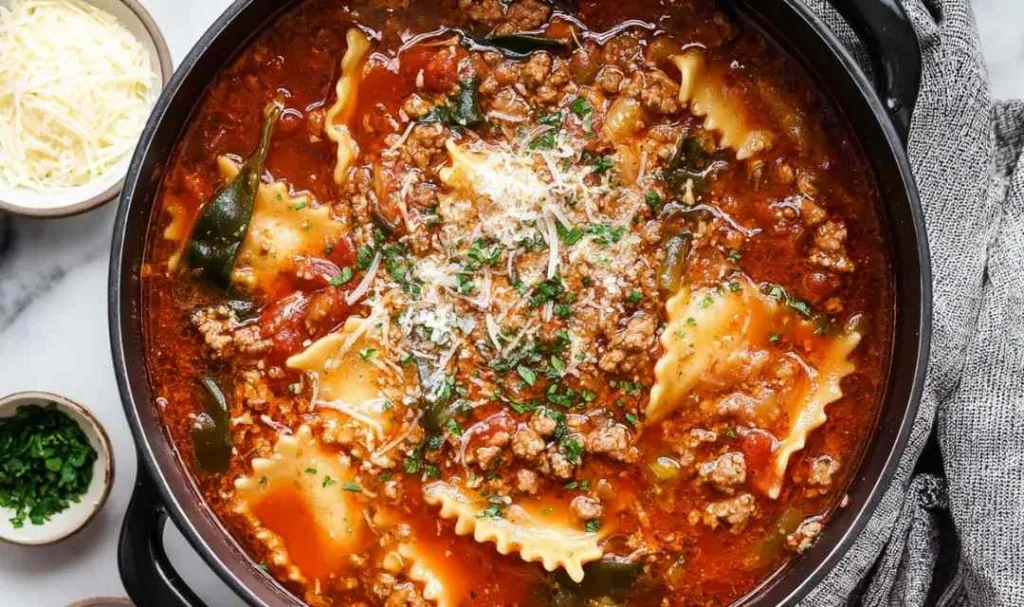 A bowl of homemade lasagna soup topped with creamy ricotta and shredded mozzarella cheese