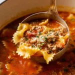A bowl of homemade lasagna soup topped with creamy ricotta and shredded mozzarella cheese