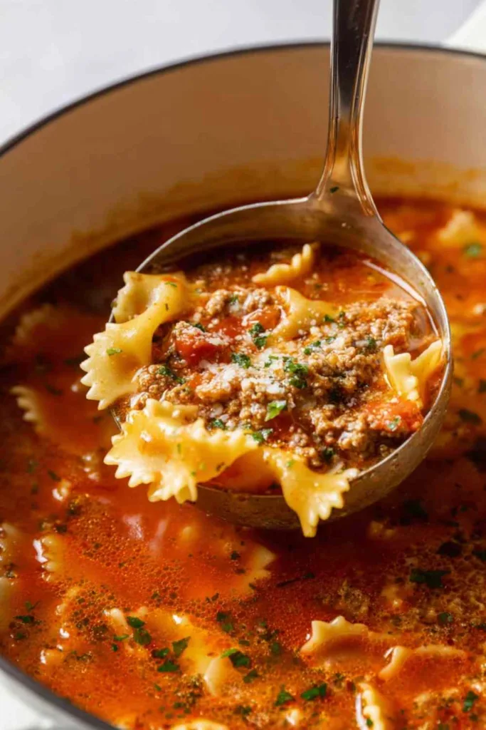A bowl of homemade lasagna soup topped with creamy ricotta and shredded mozzarella cheese