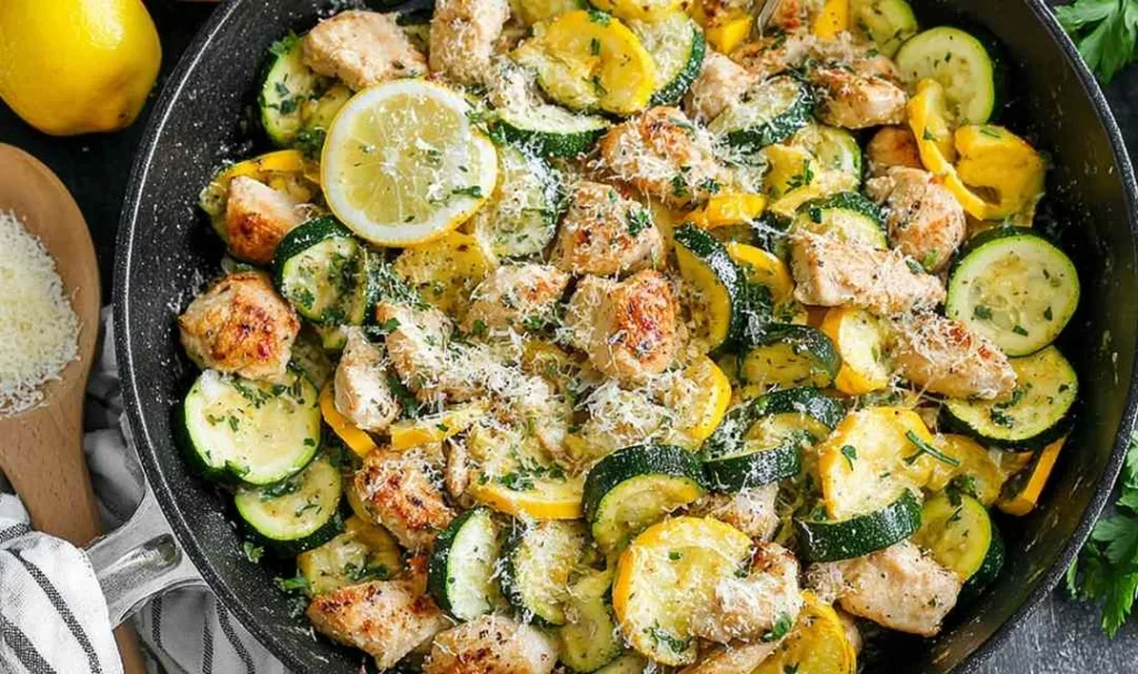 Skillet lemon Parmesan chicken with zucchini and squash garnished with fresh parsley and lemon wedges
