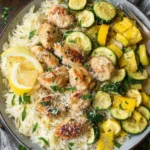 Skillet lemon Parmesan chicken with zucchini and squash garnished with fresh parsley and lemon wedges