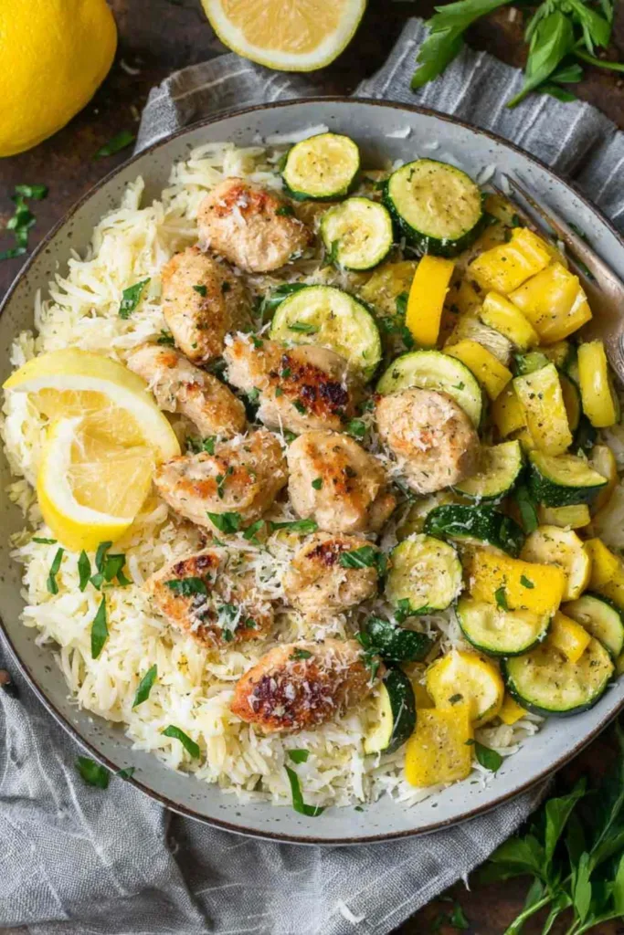 Skillet lemon Parmesan chicken with zucchini and squash garnished with fresh parsley and lemon wedges