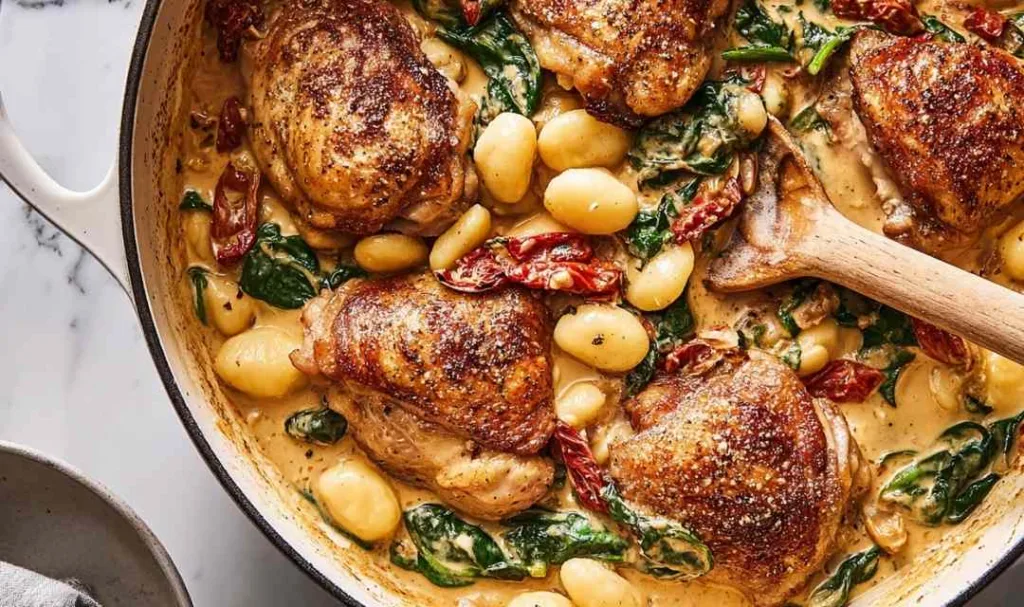 One-pan creamy sun-dried tomato chicken and gnocchi in a cast iron skillet with wilted spinach and melted Parmesan