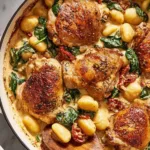 One-pan creamy sun-dried tomato chicken and gnocchi in a cast iron skillet with wilted spinach and melted Parmesan