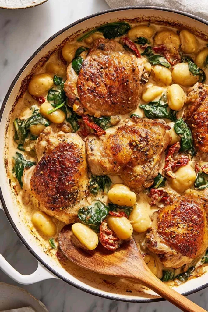 One-pan creamy sun-dried tomato chicken and gnocchi in a cast iron skillet with wilted spinach and melted Parmesan