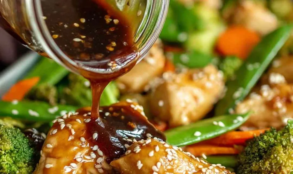 Honey garlic sauce poured over one-pan honey garlic chicken and veggies on a parchment-lined sheet pan ready to bake