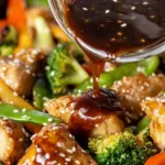Honey garlic sauce poured over one-pan honey garlic chicken and veggies on a parchment-lined sheet pan ready to bake