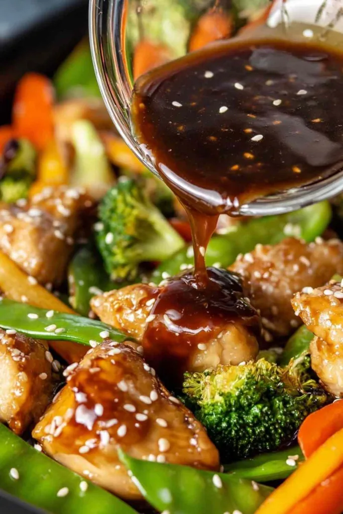 Honey garlic sauce poured over one-pan honey garlic chicken and veggies on a parchment-lined sheet pan ready to bake