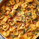 one-pan marry me tortellini in a creamy sun-dried tomato cream sauce with fresh spinach and parmesan