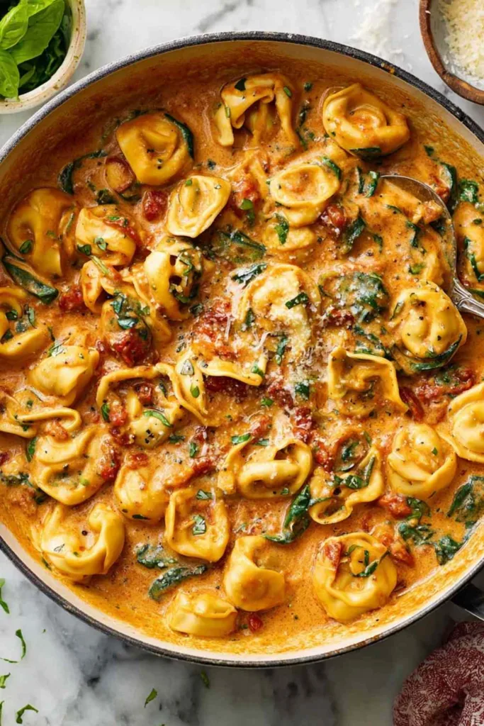 one-pan marry me tortellini in a creamy sun-dried tomato cream sauce with fresh spinach and parmesan