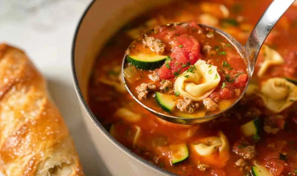 A warm bowl of sausage tortellini soup topped with shredded Parmesan and fresh parsley