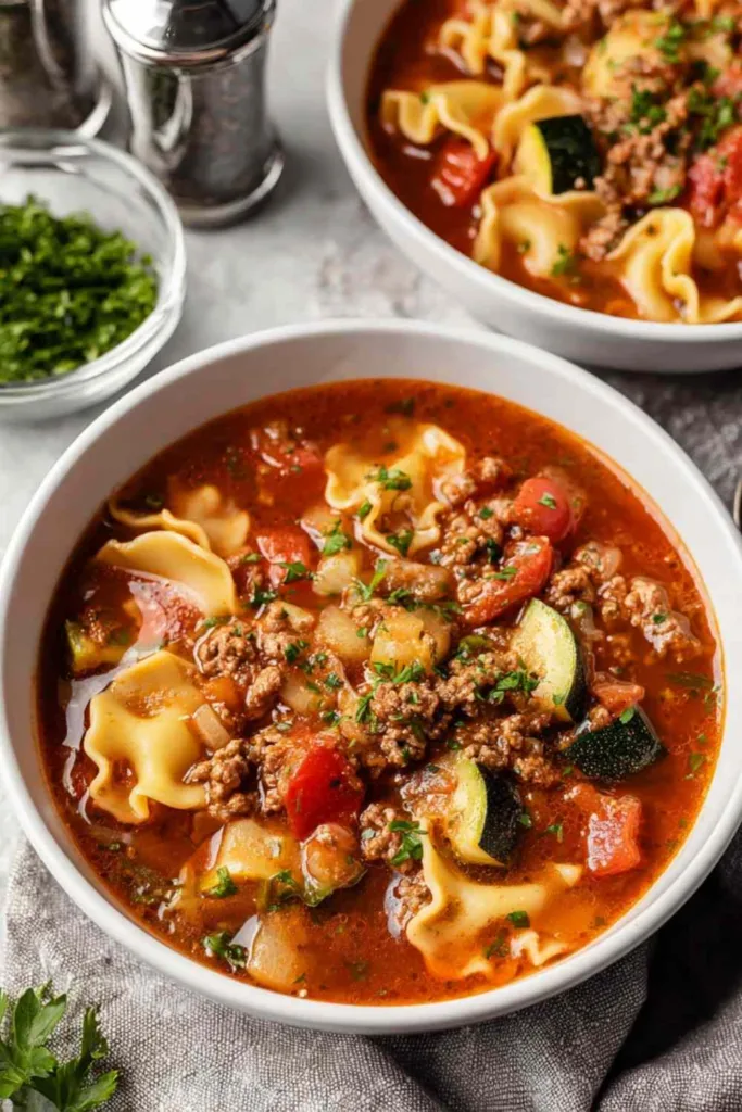 A warm bowl of sausage tortellini soup topped with shredded Parmesan and fresh parsley