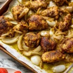 Shawarma-inspired sheet pan chicken with caramelized onions roasted on a parchment-lined baking sheet