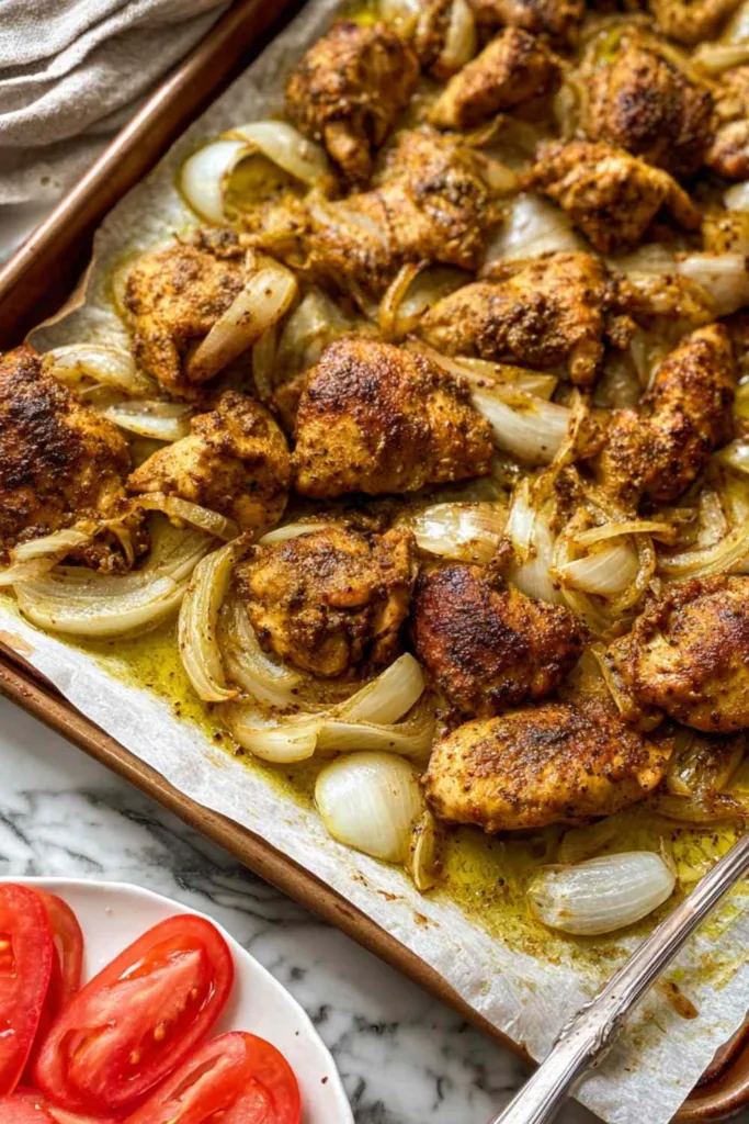 Shawarma-inspired sheet pan chicken with caramelized onions roasted on a parchment-lined baking sheet