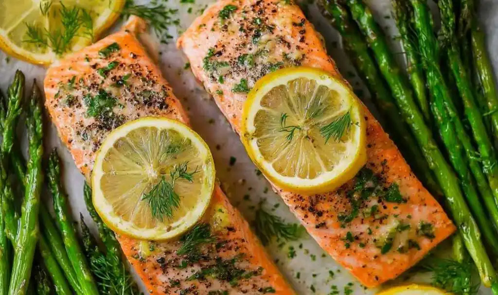 Sheet pan salmon and asparagus with lemon caper butter on a rimmed baking sheet