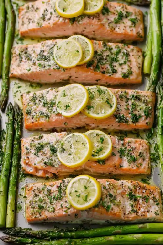 Sheet pan salmon and asparagus with lemon caper butter on a rimmed baking sheet