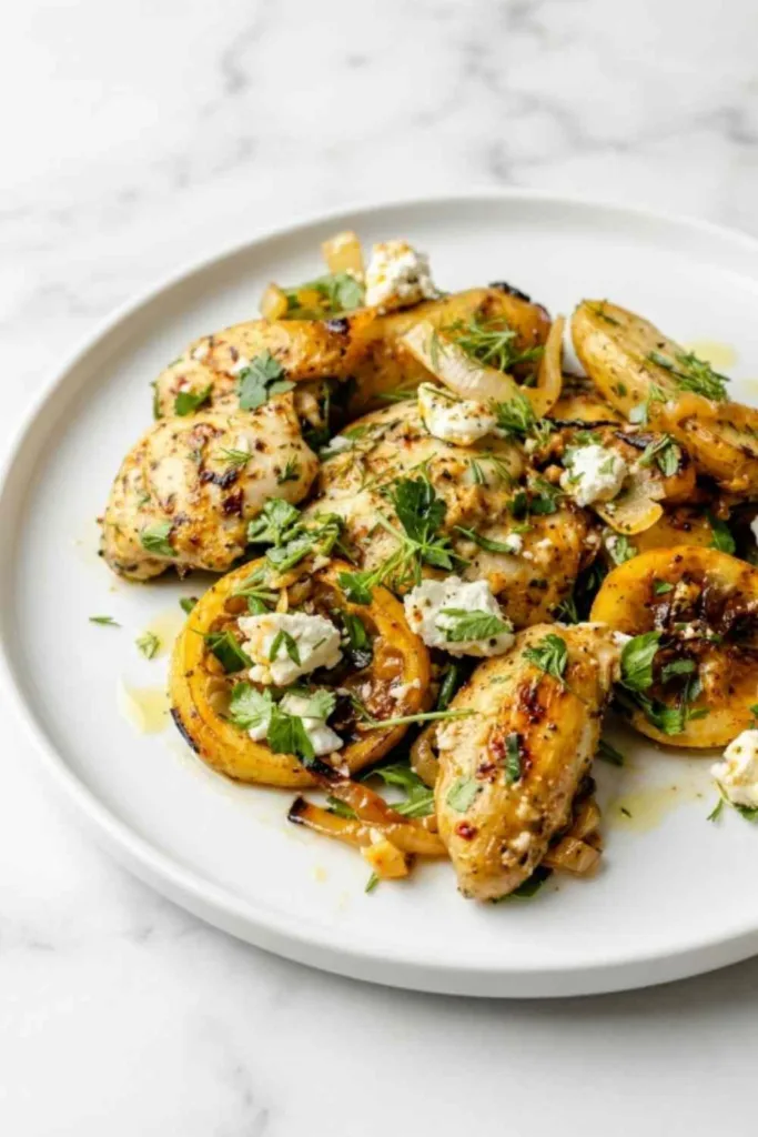 Sheet pan lemon chicken and potatoes topped with crumbled feta, fresh dill, and parsley on a large baking sheet
