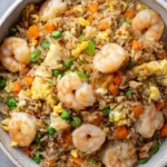 Homemade shrimp fried rice sizzling in a hot wok with green onions, peas, carrots, and scrambled eggs