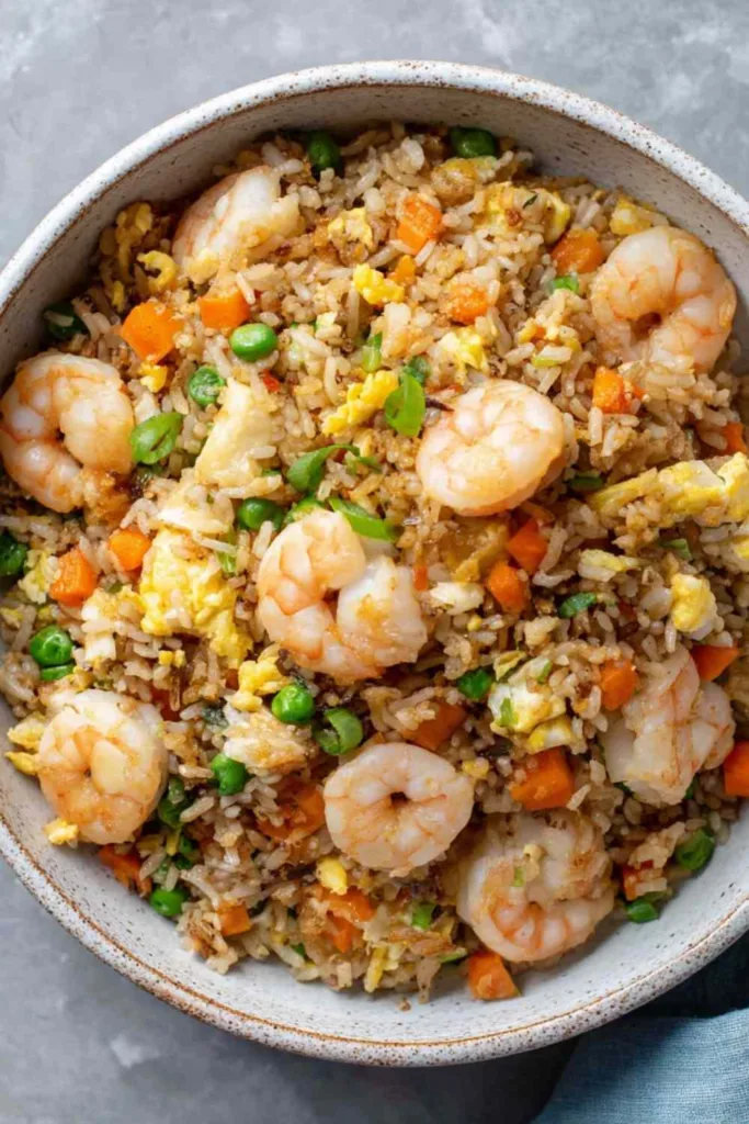 Homemade shrimp fried rice sizzling in a hot wok with green onions, peas, carrots, and scrambled eggs
