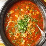 Slow cooker chicken tikka masala served in a white bowl with fluffy pilau rice and warm naan bread