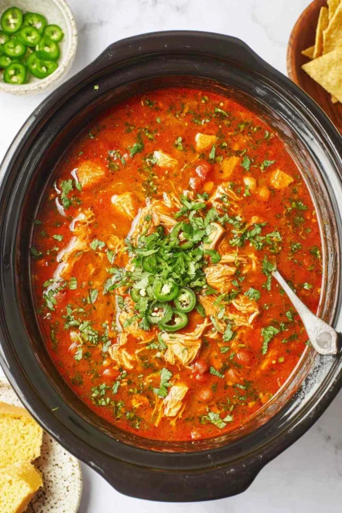 Slow cooker chicken tikka masala served in a white bowl with fluffy pilau rice and warm naan bread