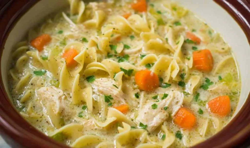 slow cooker creamy chicken noodle soup in a white bowl with egg noodles and carrots