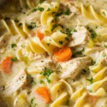 slow cooker creamy chicken noodle soup in a white bowl with egg noodles and carrots