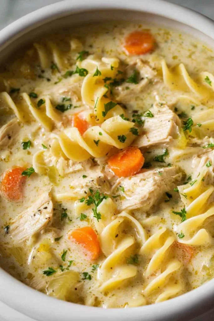 slow cooker creamy chicken noodle soup in a white bowl with egg noodles and carrots