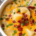 A bowl of slow cooker loaded potato soup topped with shredded cheddar cheese, crumbled bacon, and sliced green onions