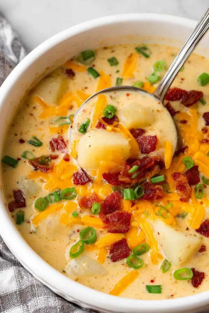A bowl of slow cooker loaded potato soup topped with shredded cheddar cheese, crumbled bacon, and sliced green onions