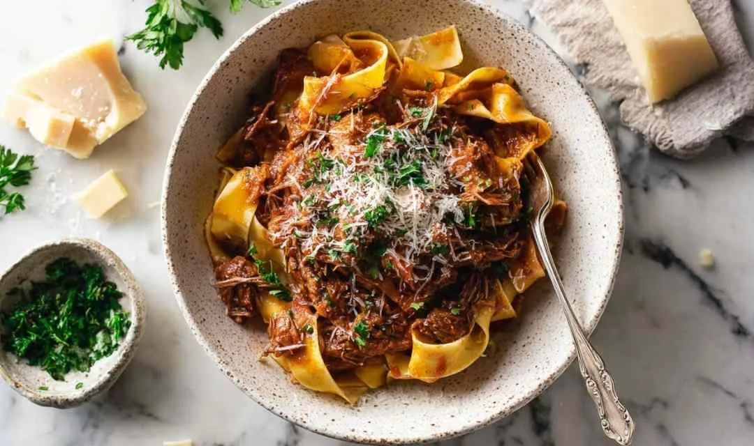 Slow cooked shredded beef ragu pasta