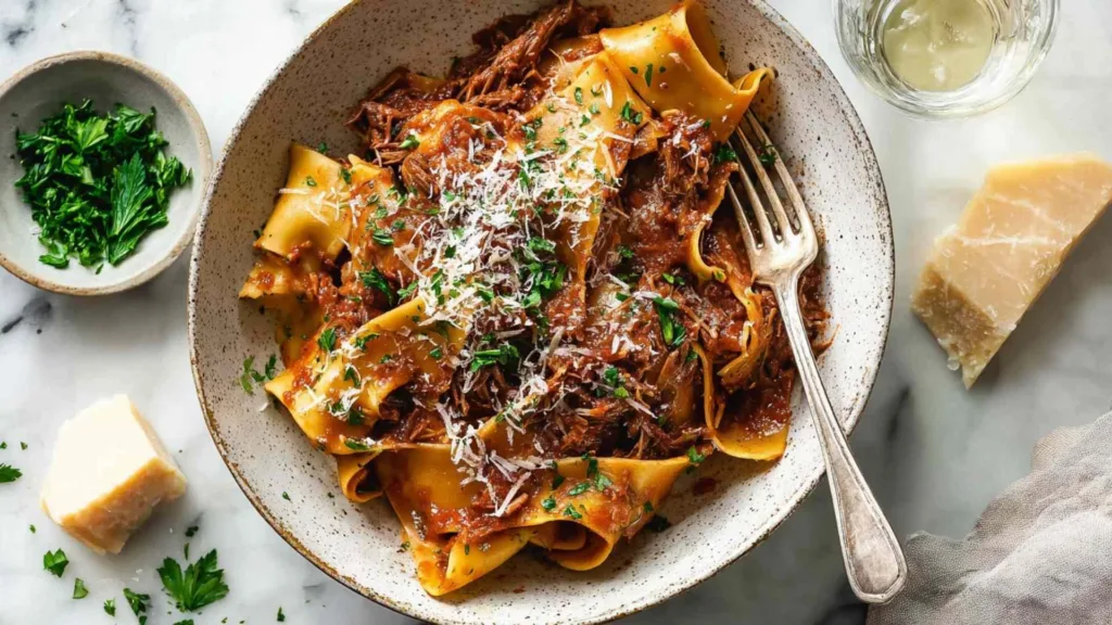 A bowl of slow cooked shredded beef ragu pasta topped with freshly grated Parmesan and chopped parsley