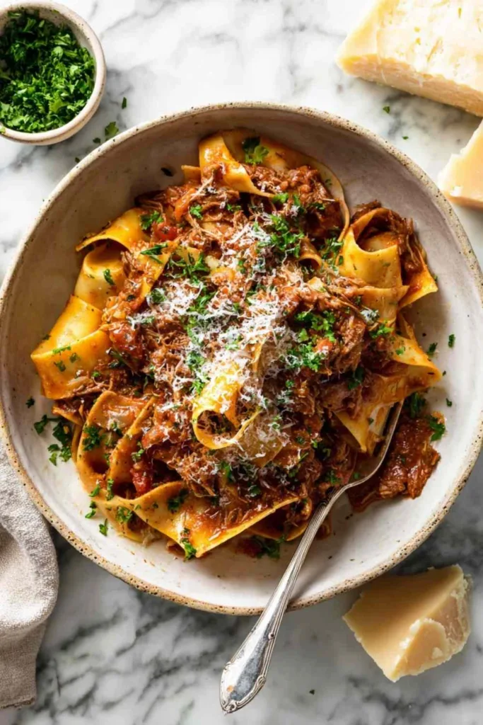 A bowl of slow cooked shredded beef ragu pasta topped with freshly grated Parmesan and chopped parsley