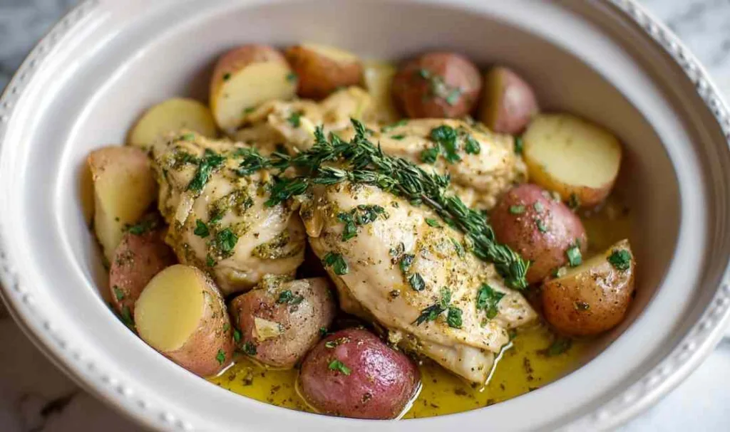 Slow cooker garlic butter chicken and potatoes with tender green beans in a white crockpot