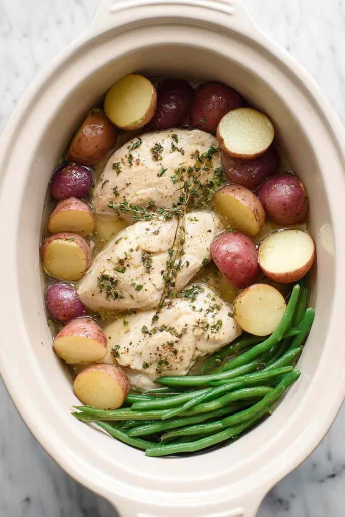 Slow cooker garlic butter chicken and potatoes with tender green beans in a white crockpot